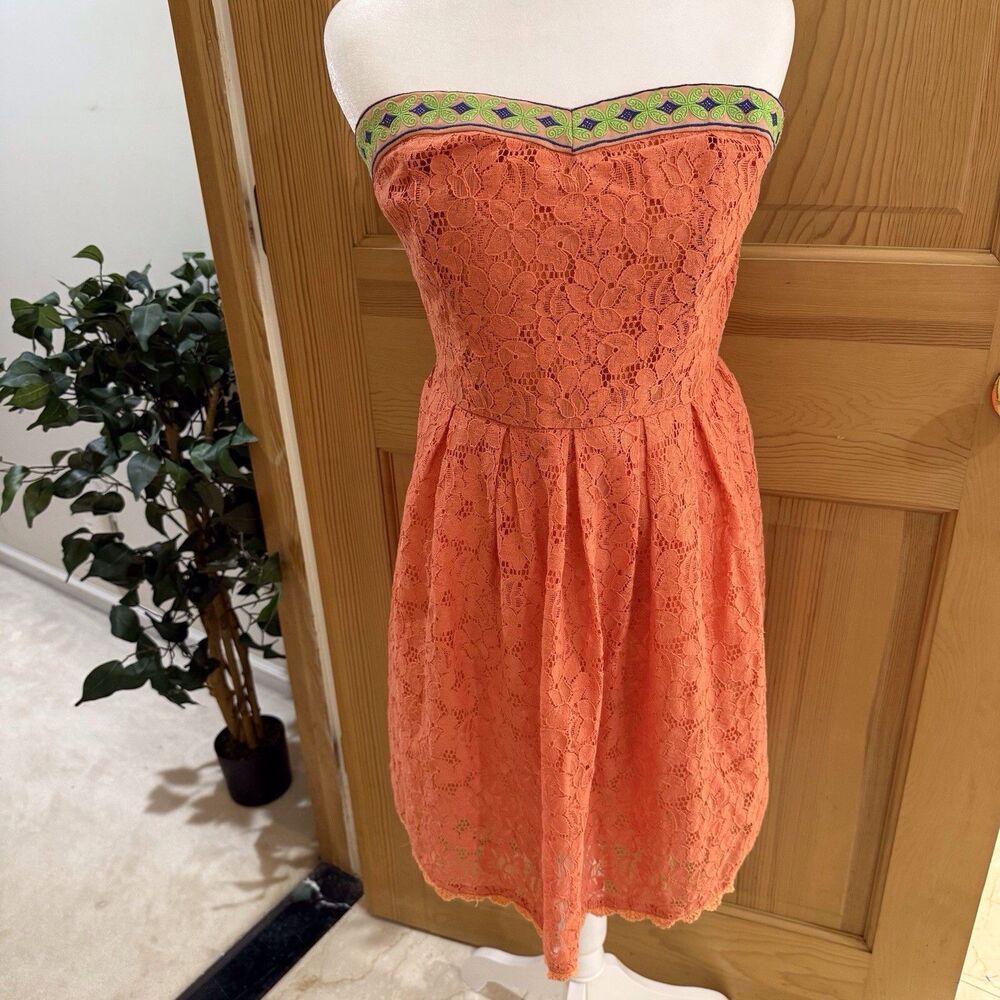 Flying Tomato Strapless‎ Coral Dress Ss Large Stretch Back Lace Tribal Boho Trim